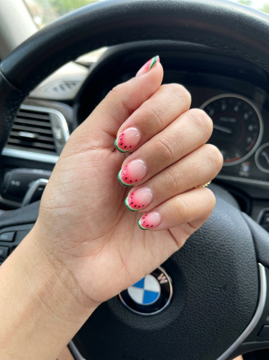 Watermelon Slice Round French: Fun summer acrylic nails 2026 for parties and vacations.