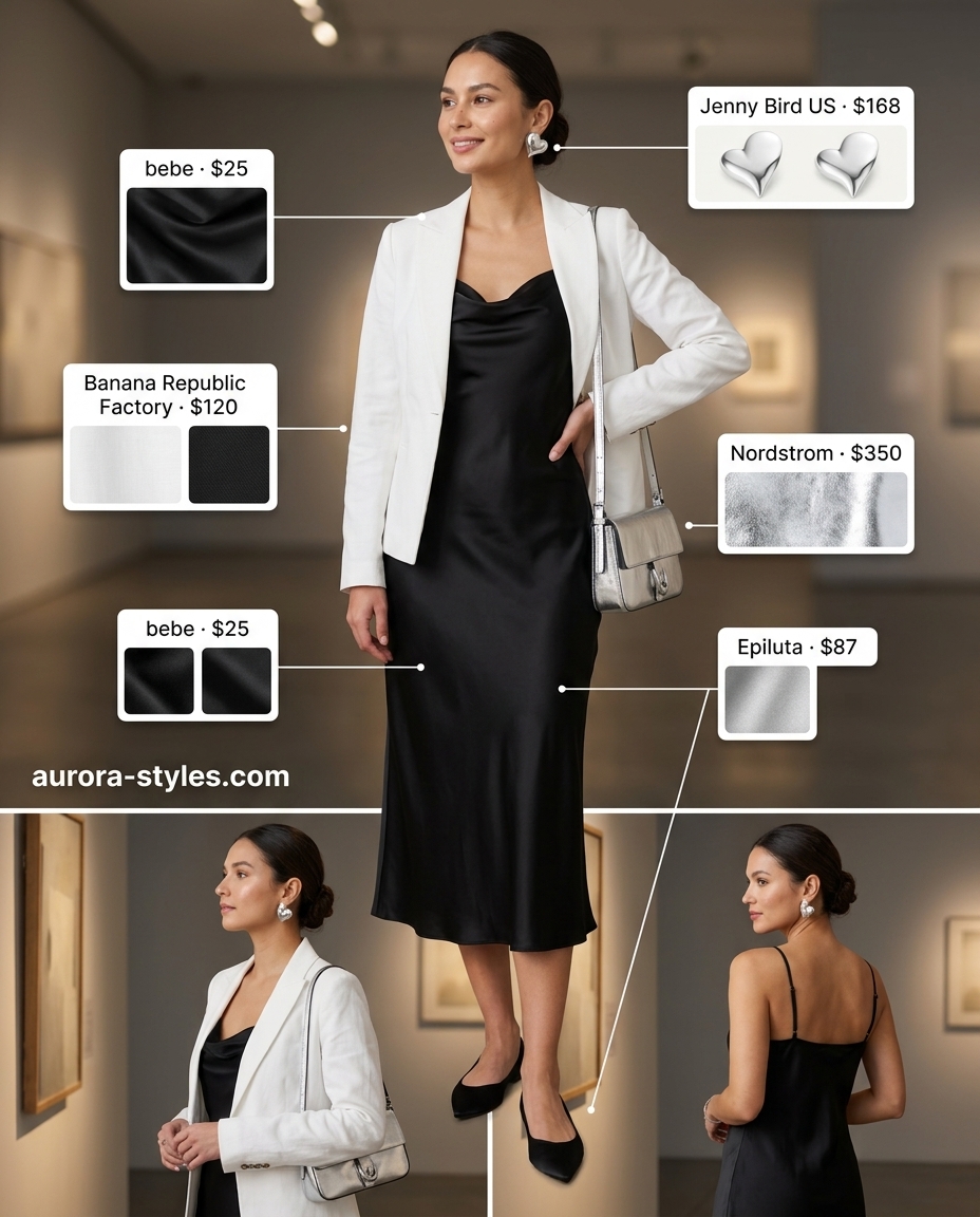 Sophisticated art gallery opening summer ballet flats outfit for women 2026 in black and white.