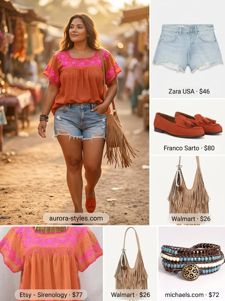 Boho Chic Ballet Flats: Rust orange ballet flats, denim shorts, peasant blouse & fringe bag. Summer Ballet Flats Outfits for Women 2026.