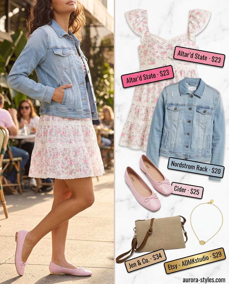 Weekend Brunch Ballet: Pastel pink ballet flats, floral mini dress, denim jacket & straw bag. Summer Ballet Flats Outfits for Women 2026.