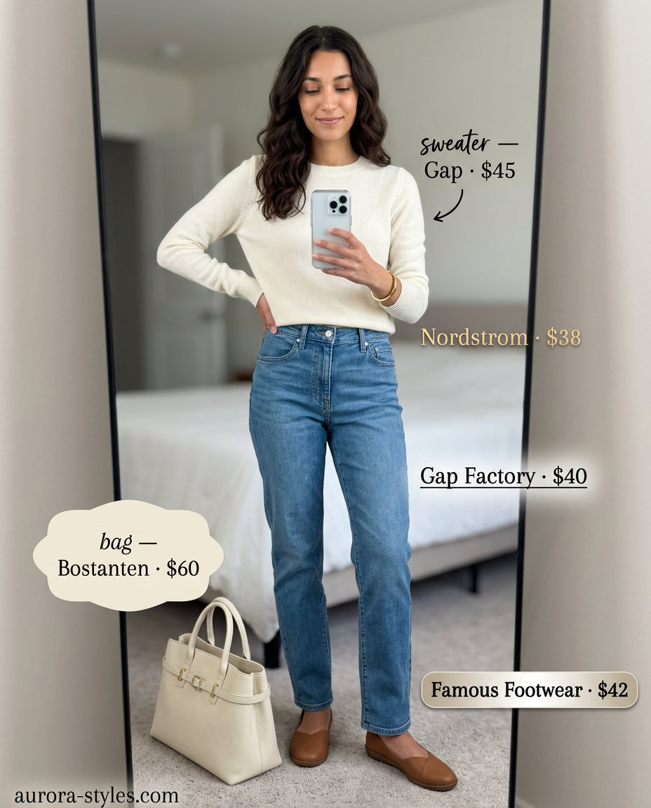 Casual Chic Ballet Flats: Tan ballet flats, straight-leg jeans, cream sweater & shoulder bag. Summer Ballet Flats Outfits for Women 2026.