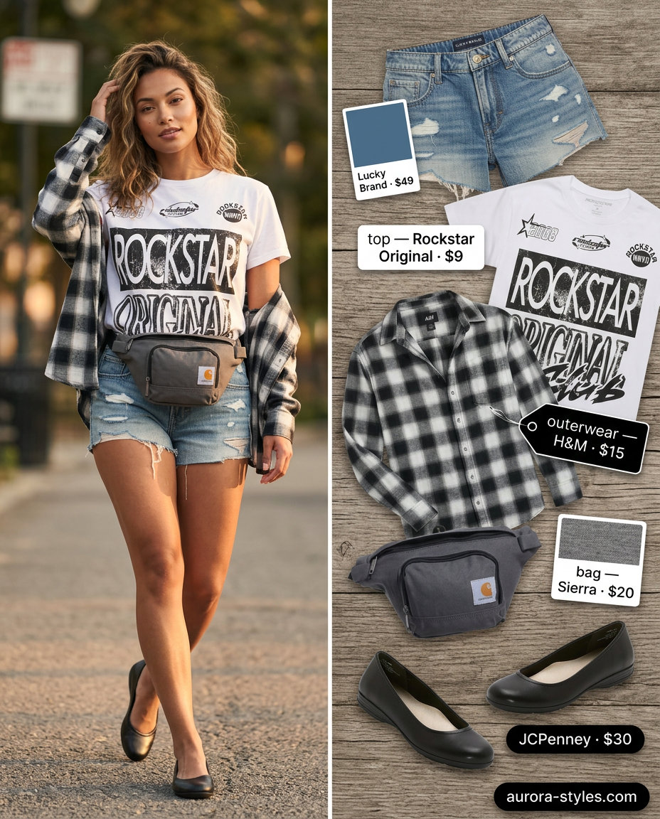 Weekend Casual Comfort: Black ballet flats, denim shorts, graphic tee & flannel. Summer Ballet Flats Outfits for Women 2026.