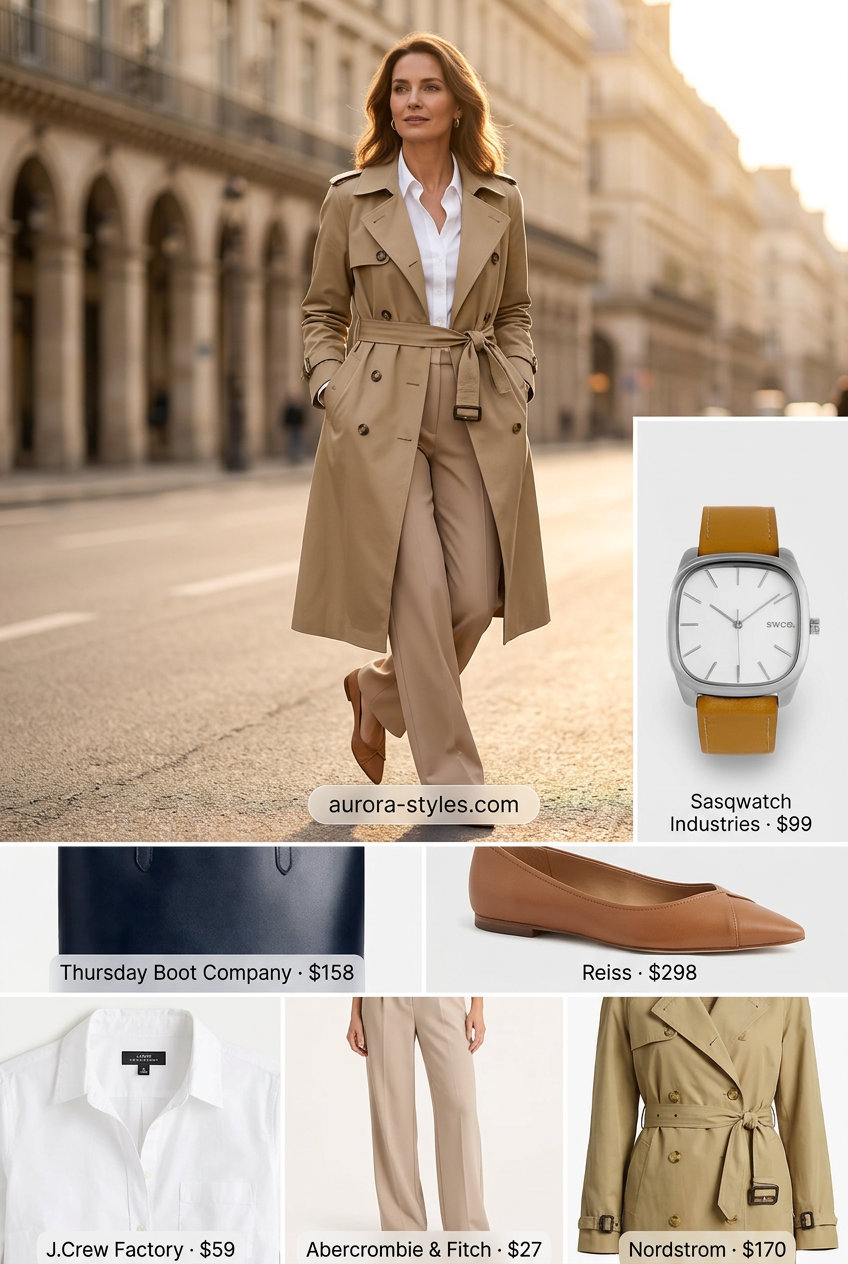 City Chic Explorer: Tan ballet flats, khaki trousers, trench coat & tote. Summer Ballet Flats Outfits for Women 2026.