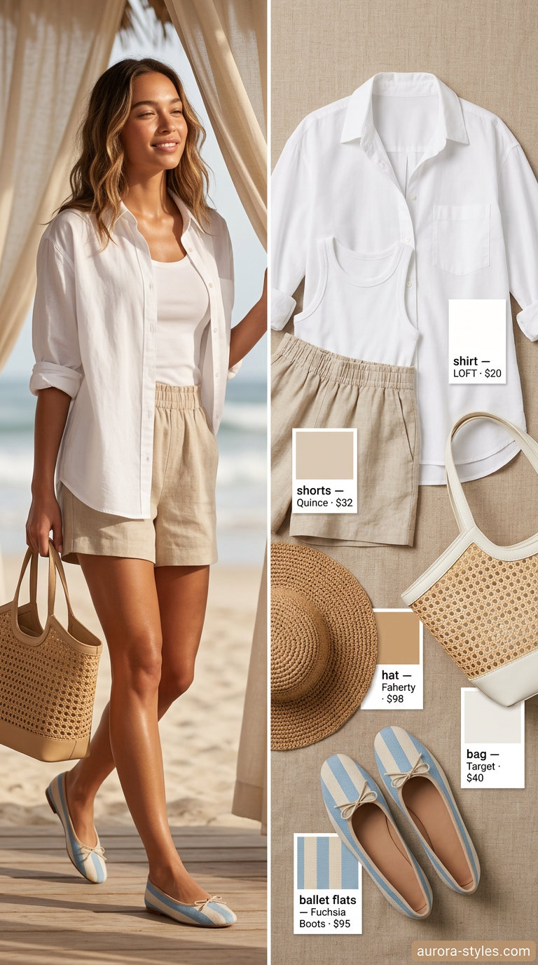 Coastal Getaway: Light blue ballet flats, linen shorts, white shirt & straw hat. Summer Ballet Flats Outfits for Women 2026.