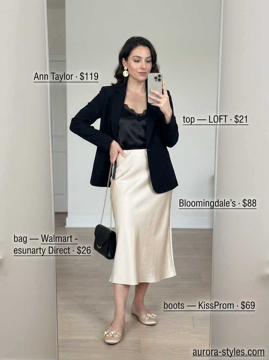 Elegant date night summer ballet flats outfit for women 2026 in champagne and black.