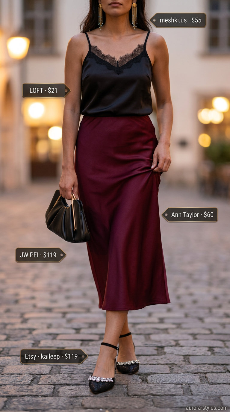 Date Night Summer Ballet Flats Outfits for Women 2026: Burgundy slip skirt, lace cami, and embellished ballet flats.