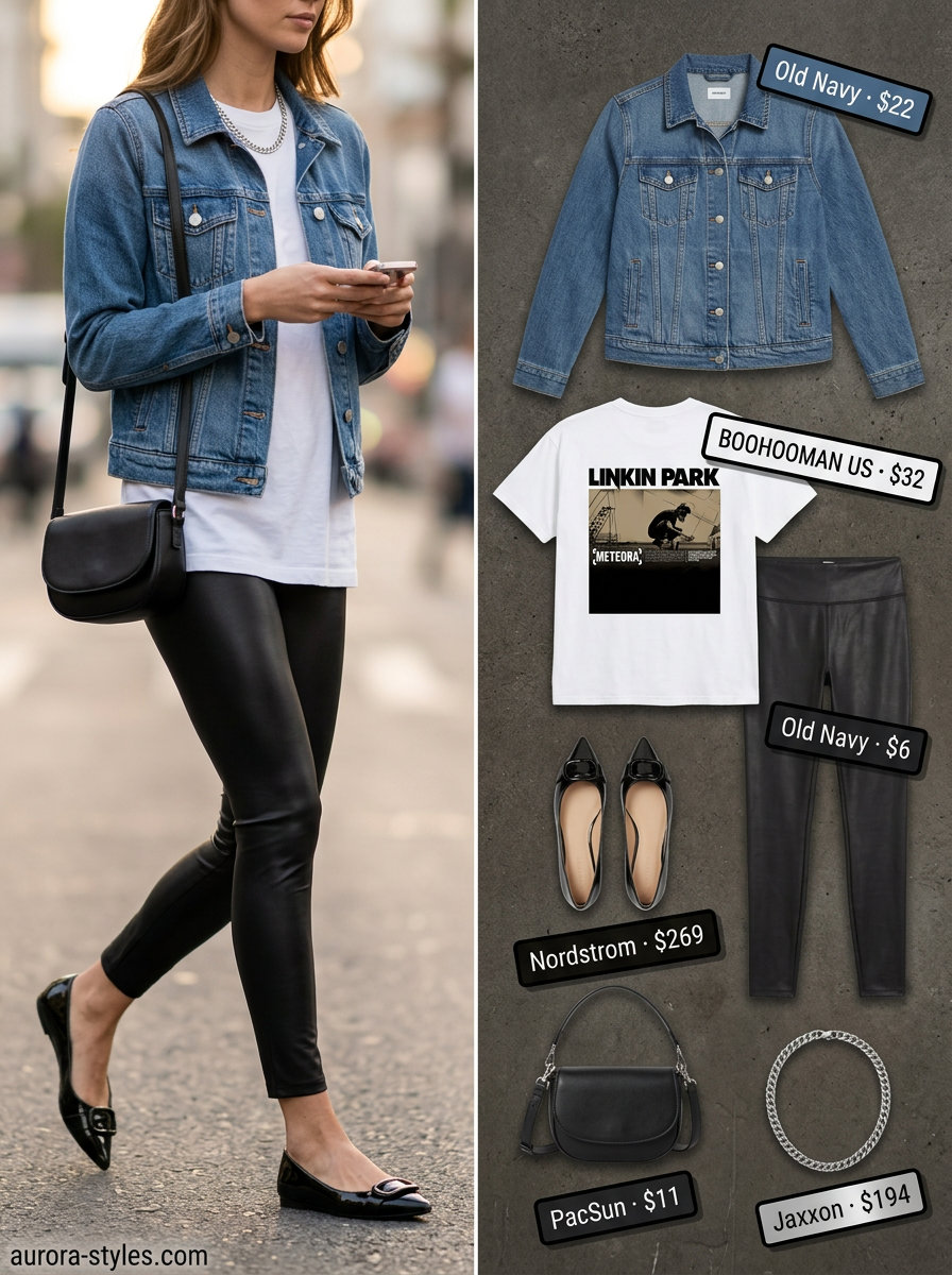 Edgy Summer Ballet Flats Outfits for Women 2026: Black faux leather flats, band tee, denim jacket, and faux leather leggings for a concert.