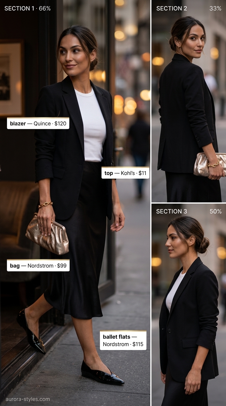 Elegant evening summer ballet flats outfit for women 2026 with black satin skirt and blazer.