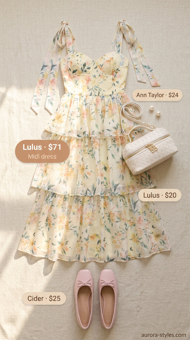 Picnic Perfect Summer Ballet Flats Outfits for Women 2026: Floral dress, blush pink ballet flats, and straw bag for a garden party.