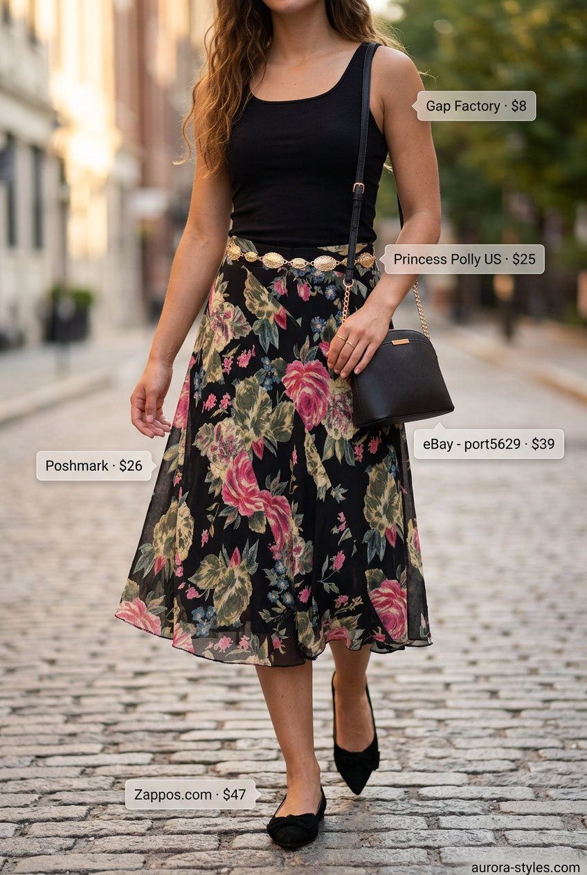Urban Bloom Summer Ballet Flats Outfits for Women 2026: Floral skirt, fitted tank, and suede ballet flats for city sightseeing.