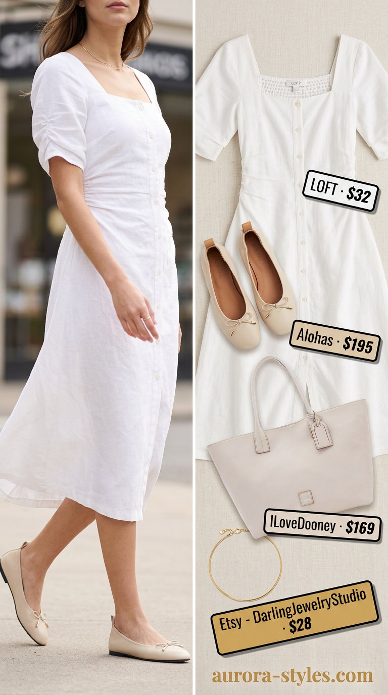 Minimalist Summer Ballet: Beige ballet flats, white linen shirt dress & leather tote. Summer Ballet Flats Outfits for Women 2026.