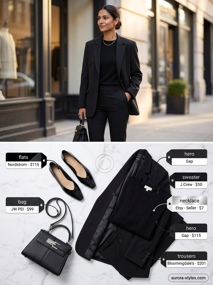 Modern minimalist black and white summer ballet flats outfit for women 2026, office casual style.