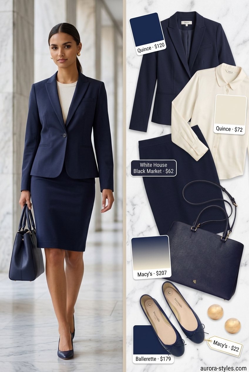 Professional office summer ballet flats outfit for women 2026 in cream and navy.