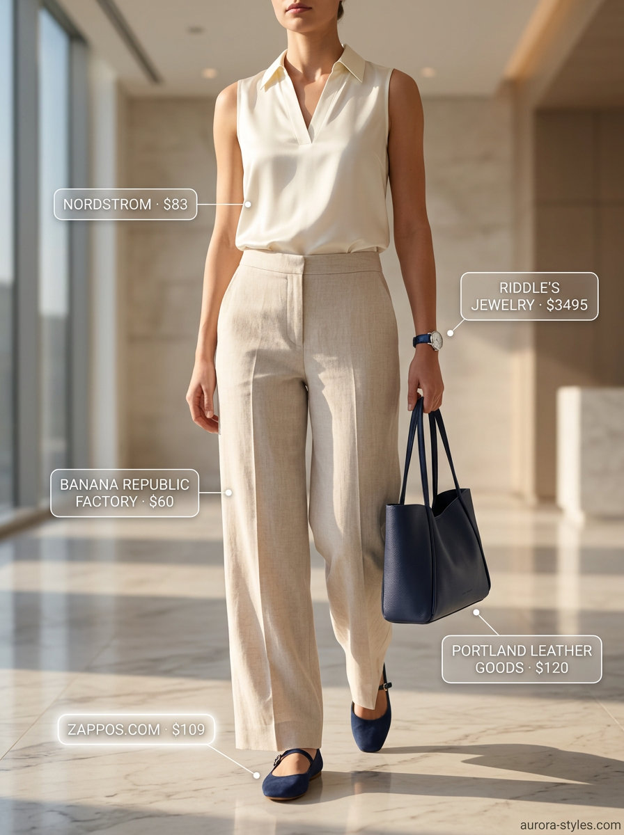 Summer Office Chic Ballet Flats Outfits for Women 2026: Beige trousers, ivory blouse, and navy ballet flats for work.