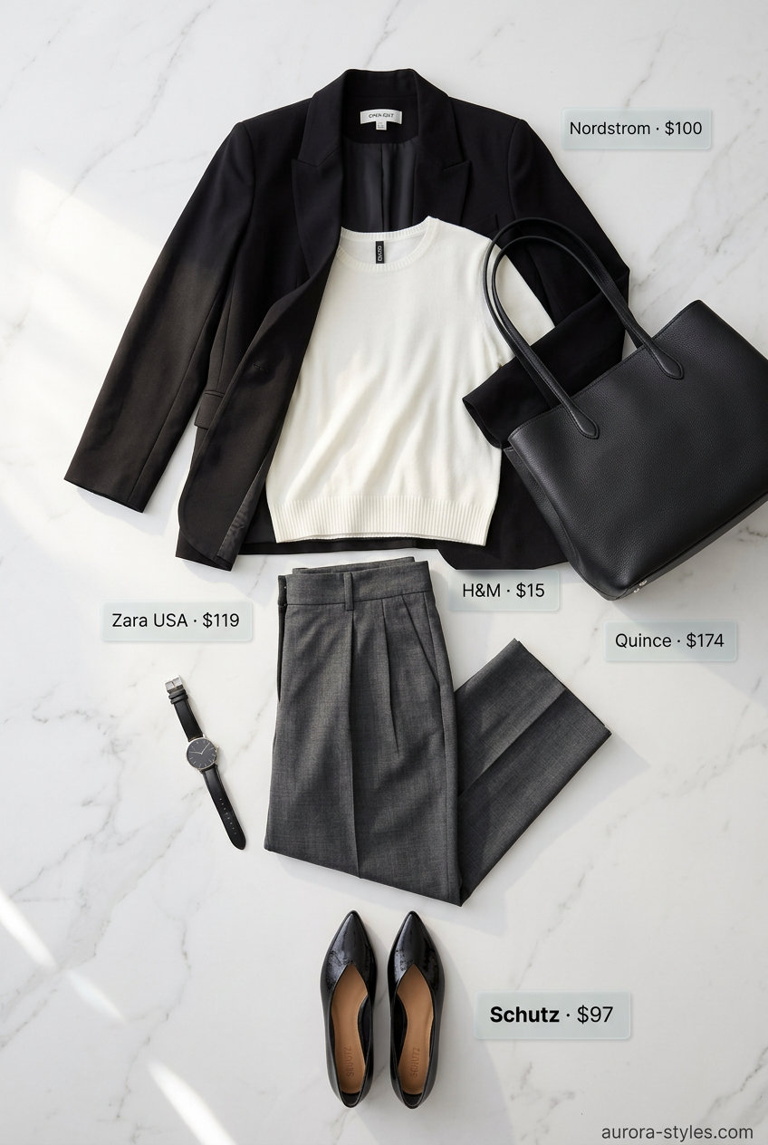 Modern Office Summer Ballet Flats Outfits for Women 2026: Charcoal trousers, ivory top, blazer, and black patent ballet flats.