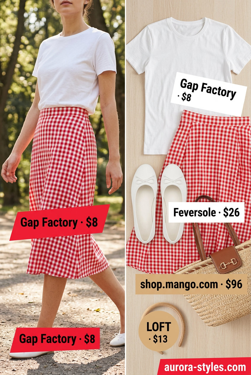 Sweet Summer Ballet Flats Outfits for Women 2026: Gingham skirt, white tee, and round-toe ballet flats for a picnic.