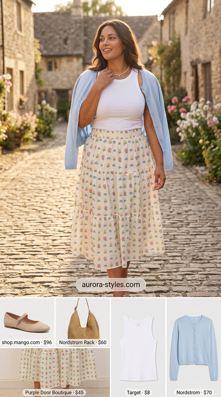 Romantic picnic summer ballet flats outfit for women 2026 with floral skirt and beige flats.