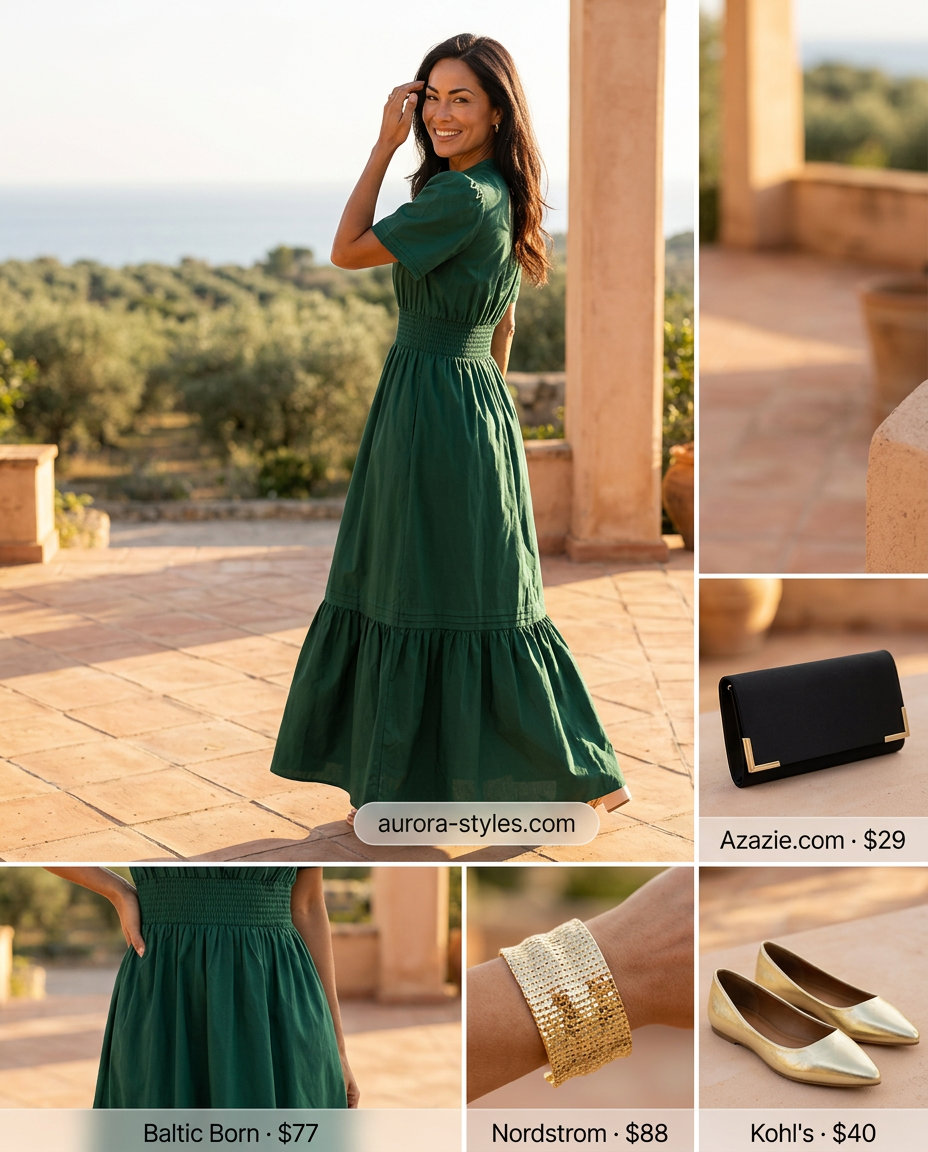 Vibrant summer evening ballet flats outfit for women 2026 with emerald green maxi dress.