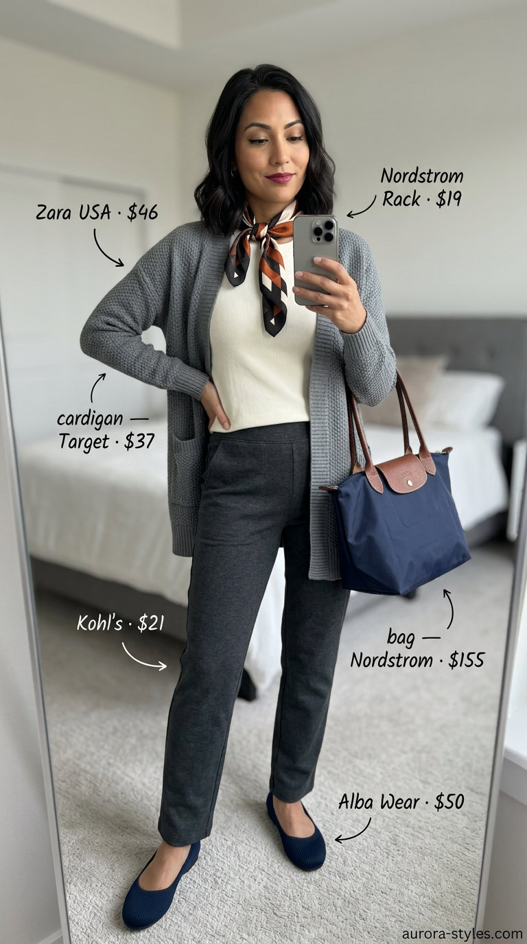 Travel Day Comfort: Navy blue cardigan, ivory top, grey pants, scarf & ballet flats. Summer Ballet Flats Outfits for Women 2026.