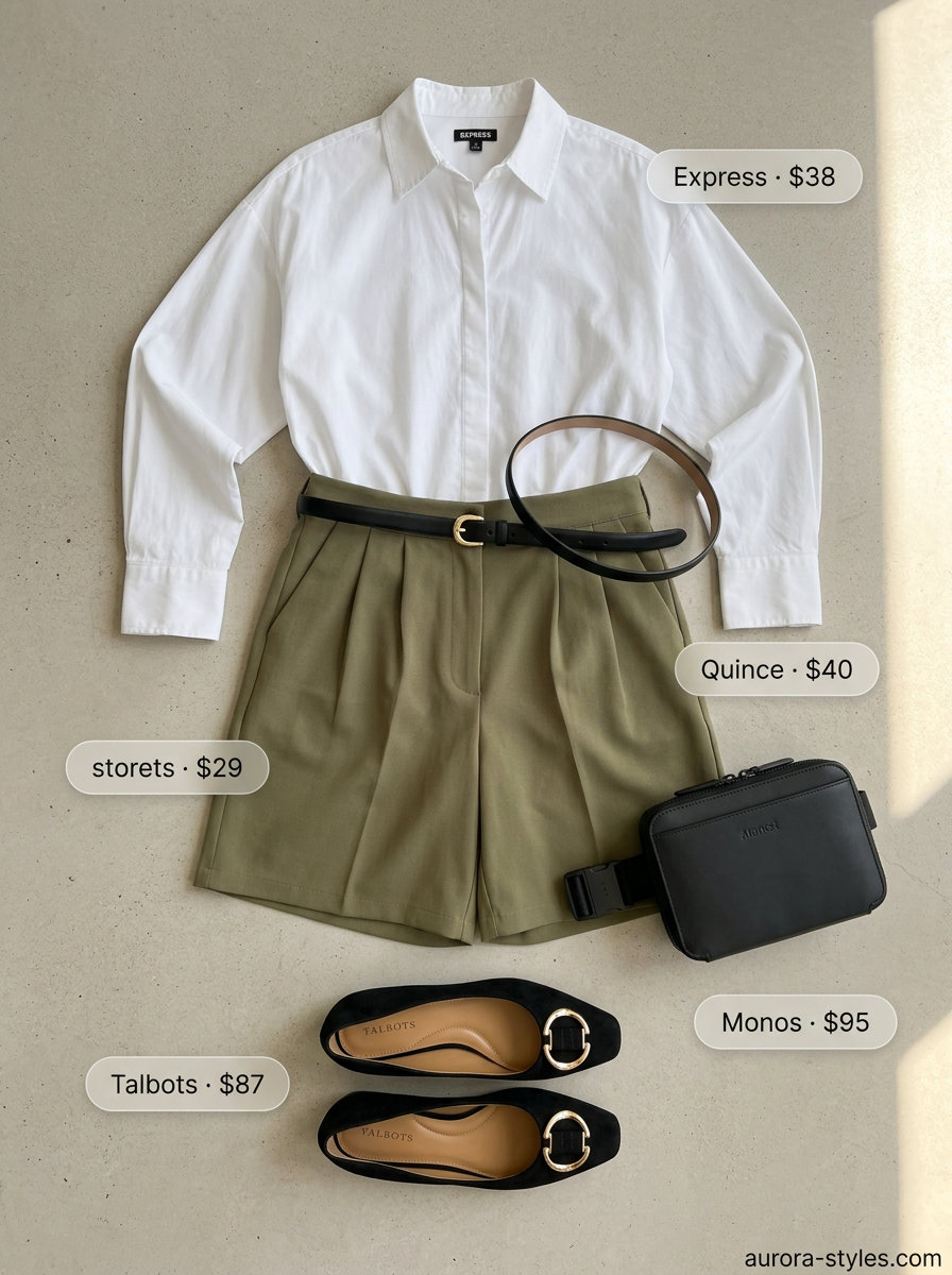 Urban Explorer Ballet Flats: Black ballet flats, olive Bermuda shorts, white shirt & belt bag. Summer Ballet Flats Outfits for Women 2026.