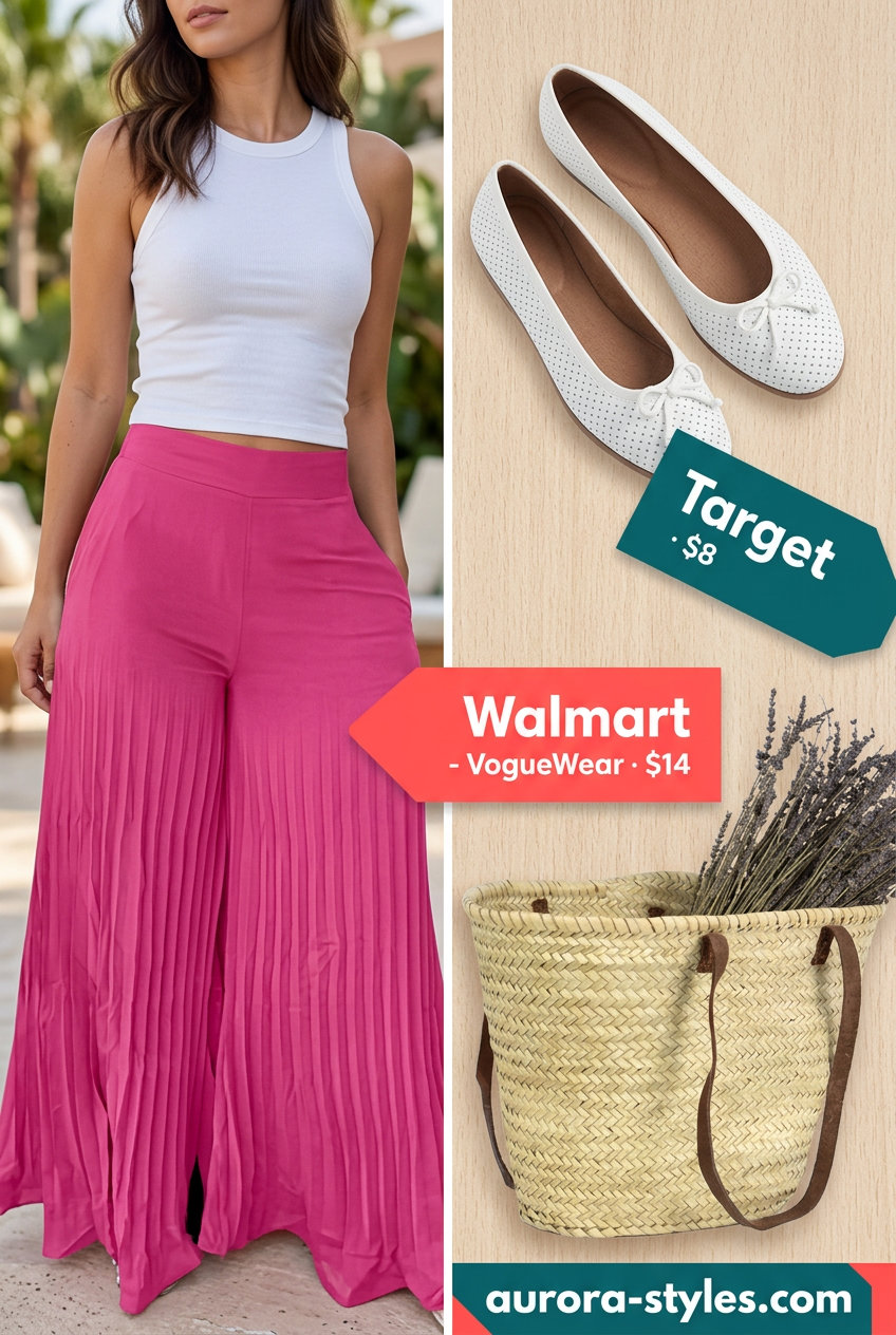 Vacation Ready Ballet: Coral palazzo pants, white tank, straw hat & ballet flats. Summer Ballet Flats Outfits for Women 2026.