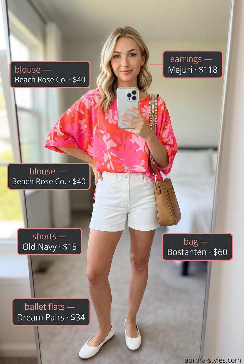 Weekend brunch summer ballet flats outfit for women 2026 in white and coral pink.