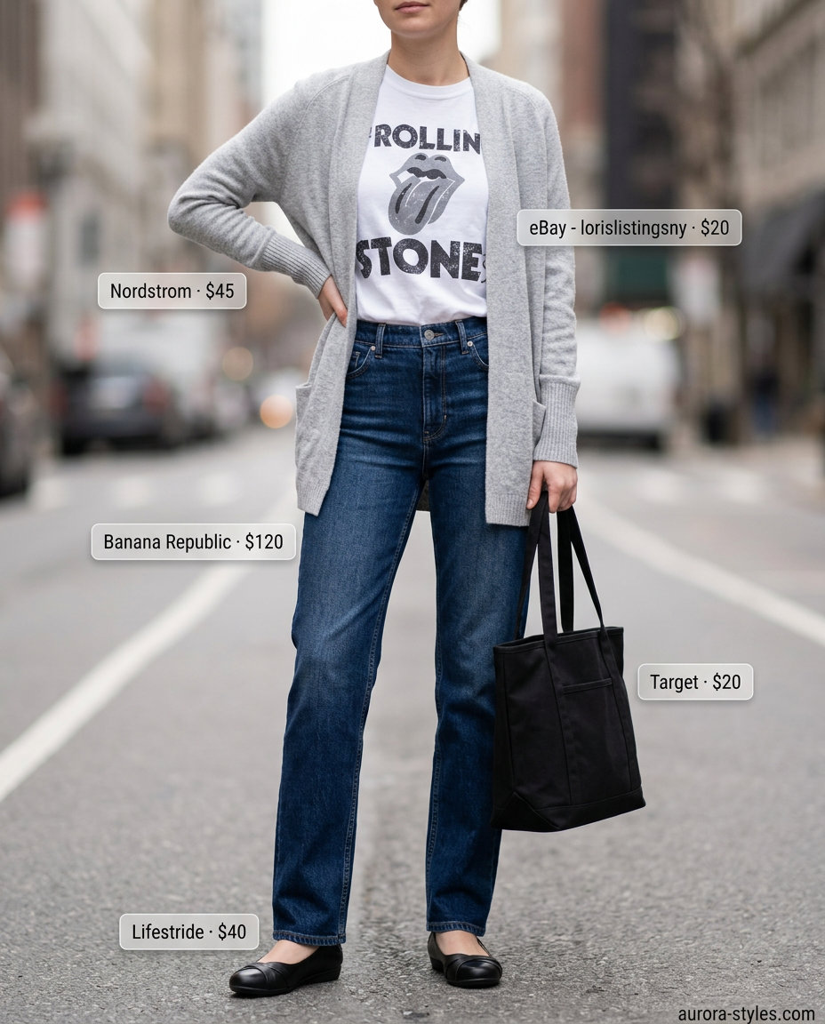 Weekend Wanderer Summer Ballet Flats Outfits for Women 2026: Grey cardigan, denim jeans, graphic tee, and black ballet flats.