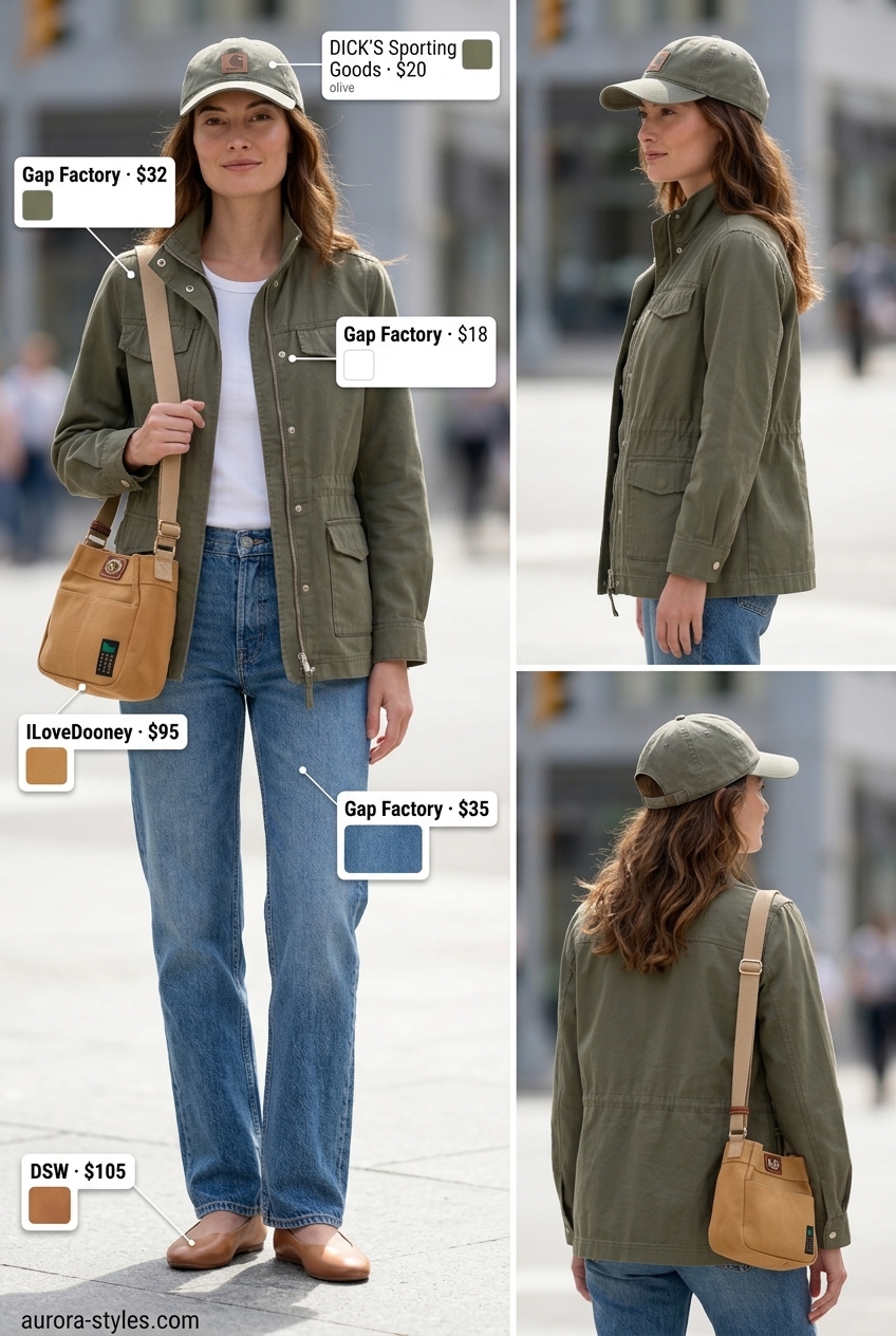 Comfortable weekend wanderer summer ballet flats outfit for women 2026 in denim and olive.