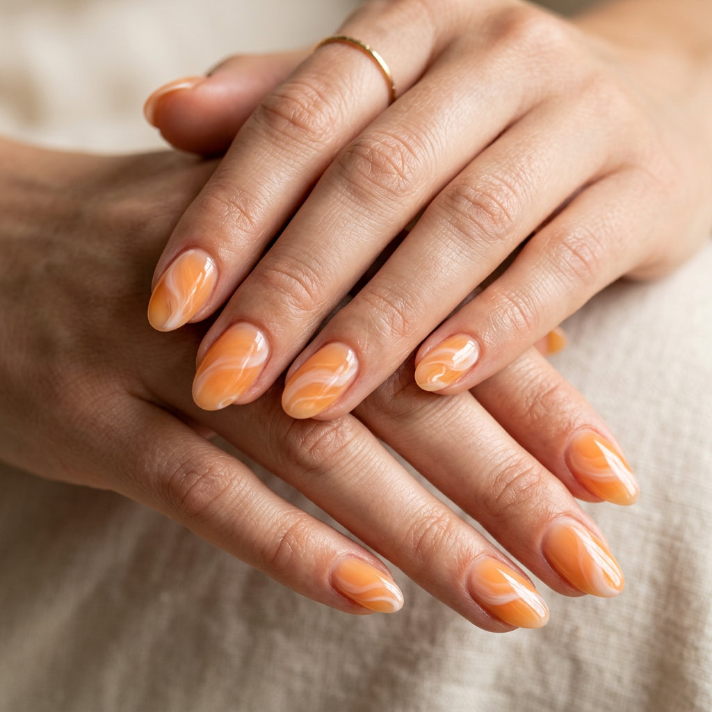 Apricot jelly swirls nails for summer classy nails 2026. Playful, vibrant style for festivals.