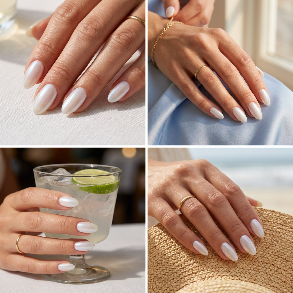 Ethereal Pearl Almond nails for summer classy nails 2026: milky white with pearlescent shimmer on almond nails for weddings.