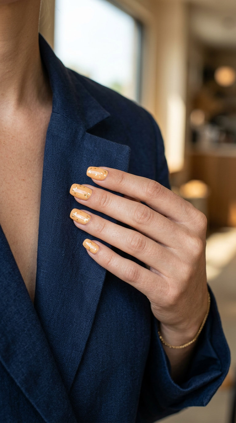 Golden Apricot Shimmer nails for summer classy nails 2026: apricot with gold foil flakes on medium almond nails for date night.