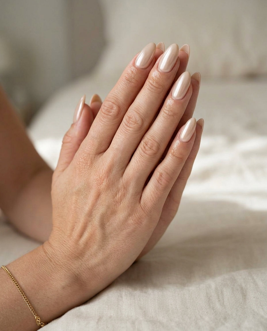 Sophisticated light beige glazed donut almond nails for summer classy nails 2026, perfect for work or formal events.