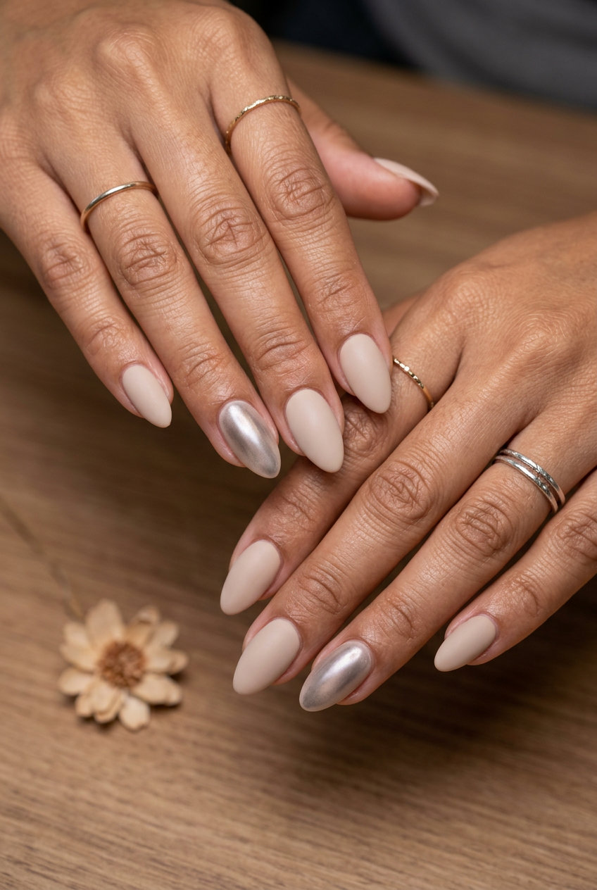 Light Beige Matte Subtle Chrome Accent nails for summer classy nails 2026: beige with matte finish and chrome on short nails.