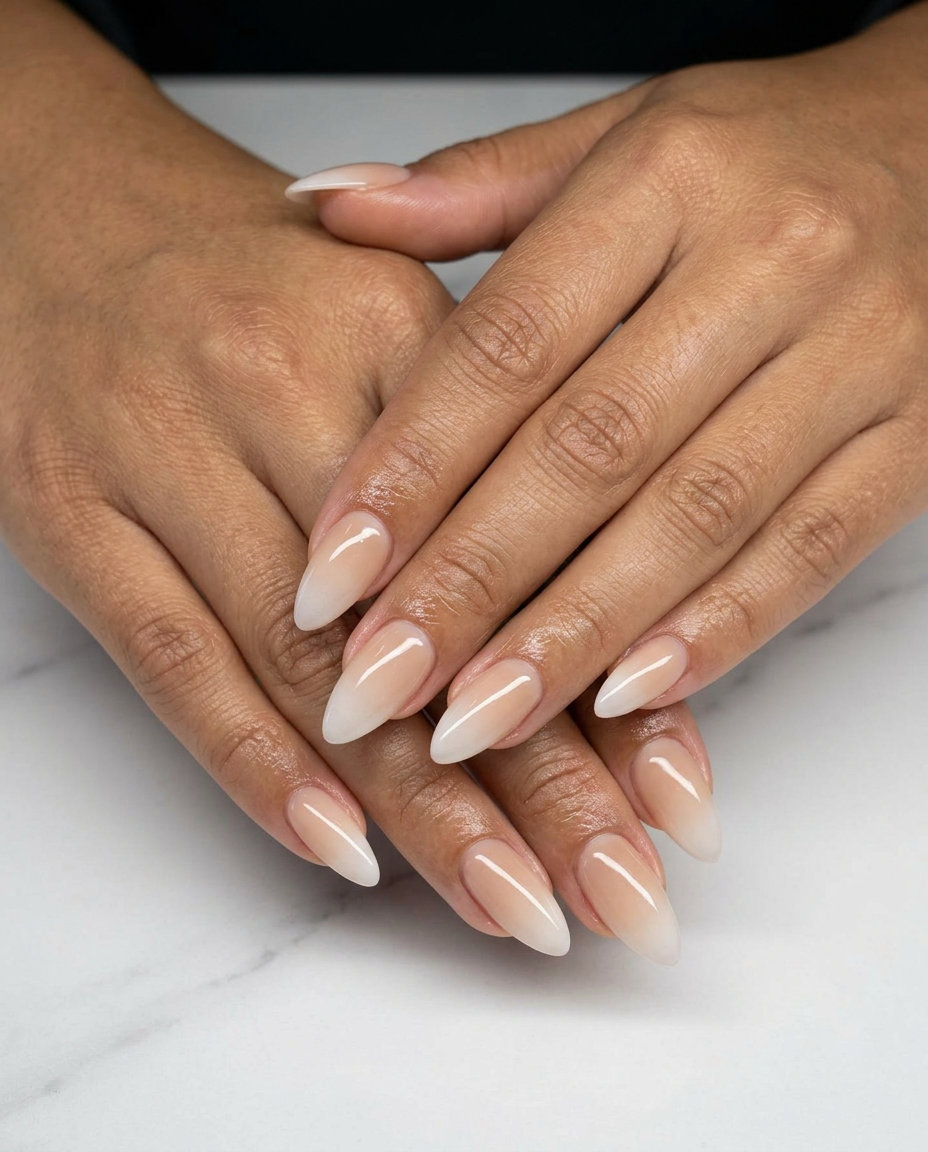 Soft milky ombre almond nails for summer classy nails 2026. Effortless, clean girl style for travel.