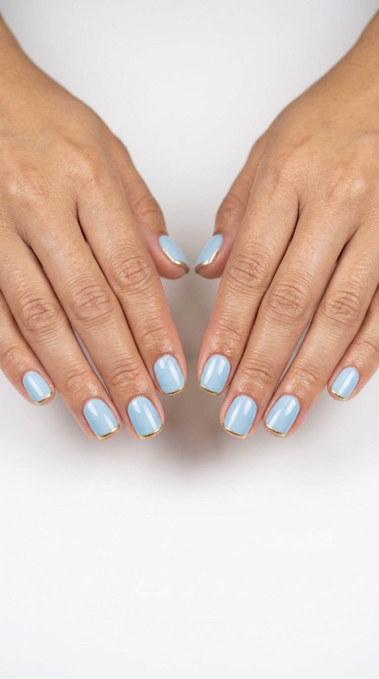 Pale sky blue nails with subtle gold outline for summer classy nails 2026. Chic, minimalist style for daily wear.