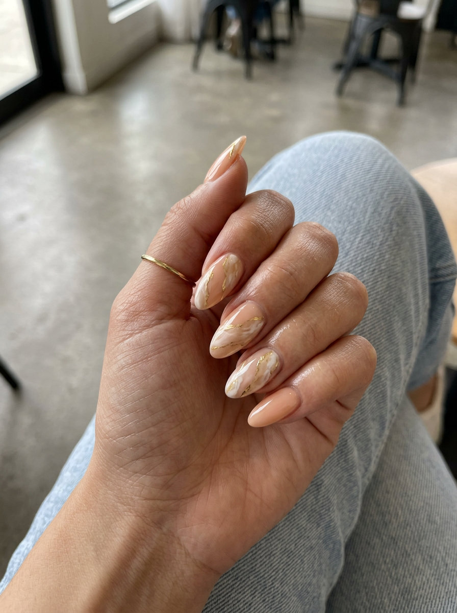 Peachy Marble Elegance nails for summer classy nails 2026: peach with white marble and gold veins on almond nails for parties.