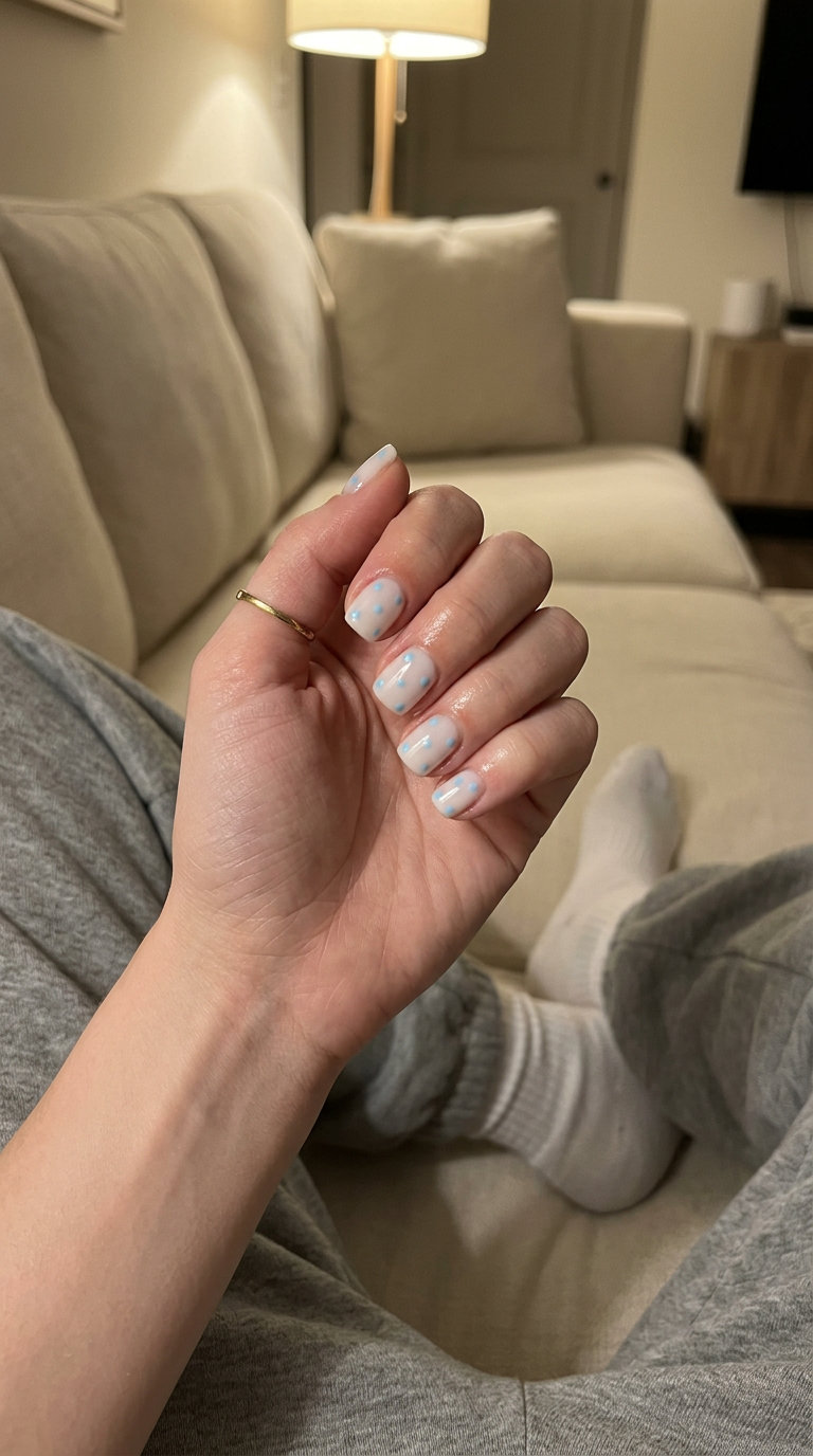 Playful Polka Dot Sky nails for summer classy nails 2026: sheer base with pale blue dots on short square nails for casual fun.