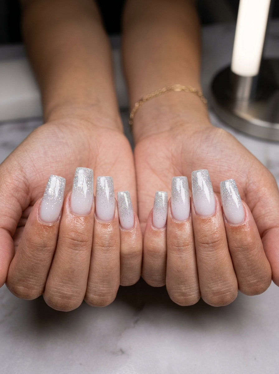 Sparkling Milky Gradient nails for summer classy nails 2026: milky white with silver glitter gradient on long square nails for parties.