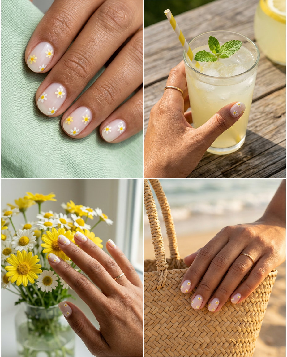 Daisy field milky French tips for summer colorful nails designs 2026. Sweet garden party look.