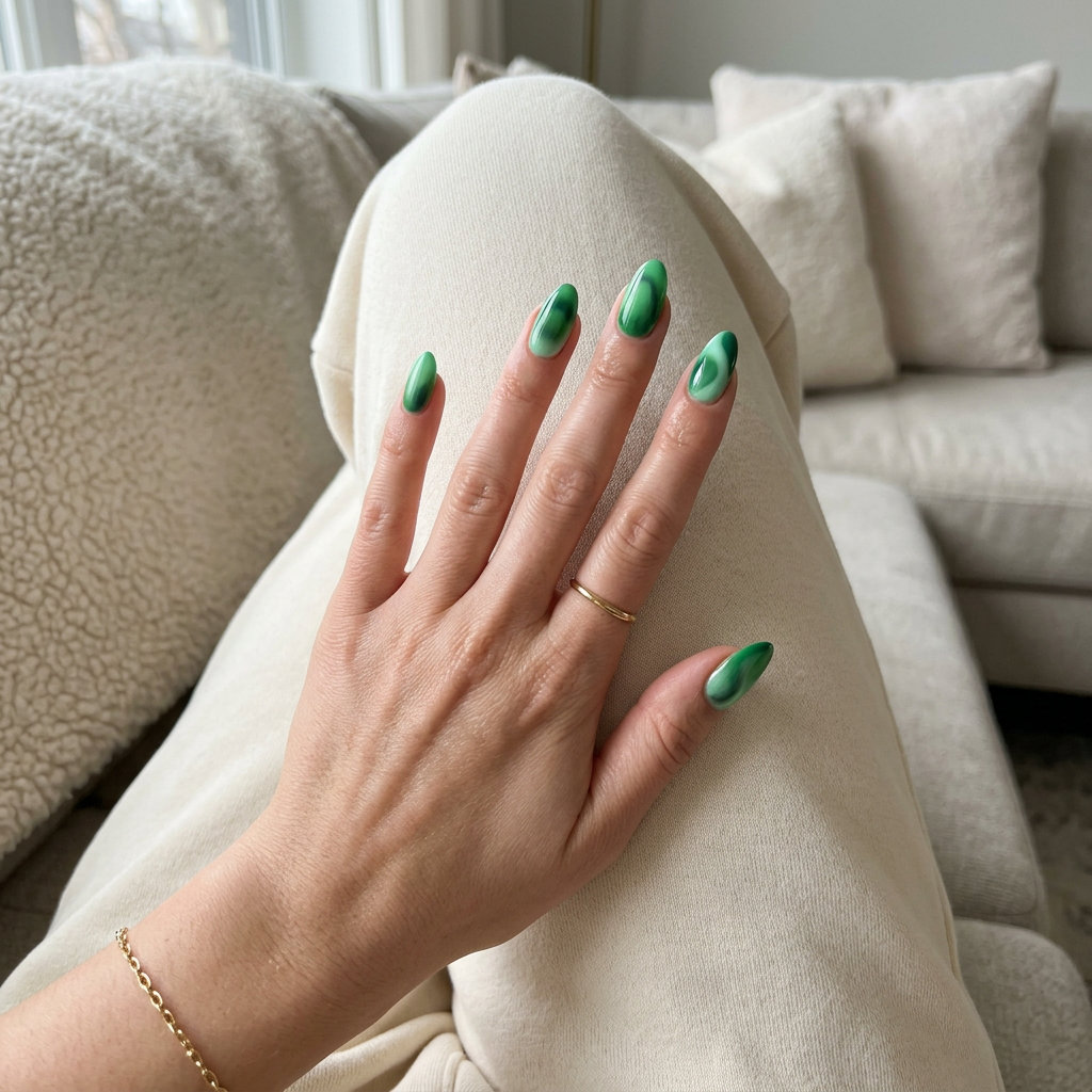 Emerald Swirl Abstract Aura nails: mint, emerald, forest green gel polish for casual summer colorful nails designs 2026.