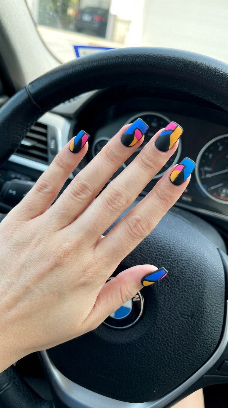Geometric Color Block Statement nails: electric blue, hot pink, yellow on black for bold summer colorful nails designs 2026.