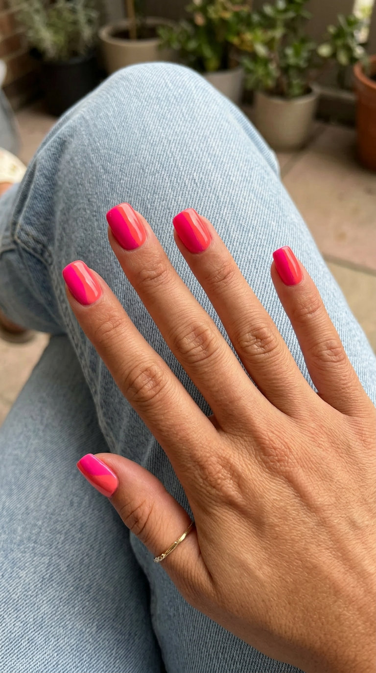 Hot pink & coral color block nails 2026: Bold graphic design for vacations & summer parties.