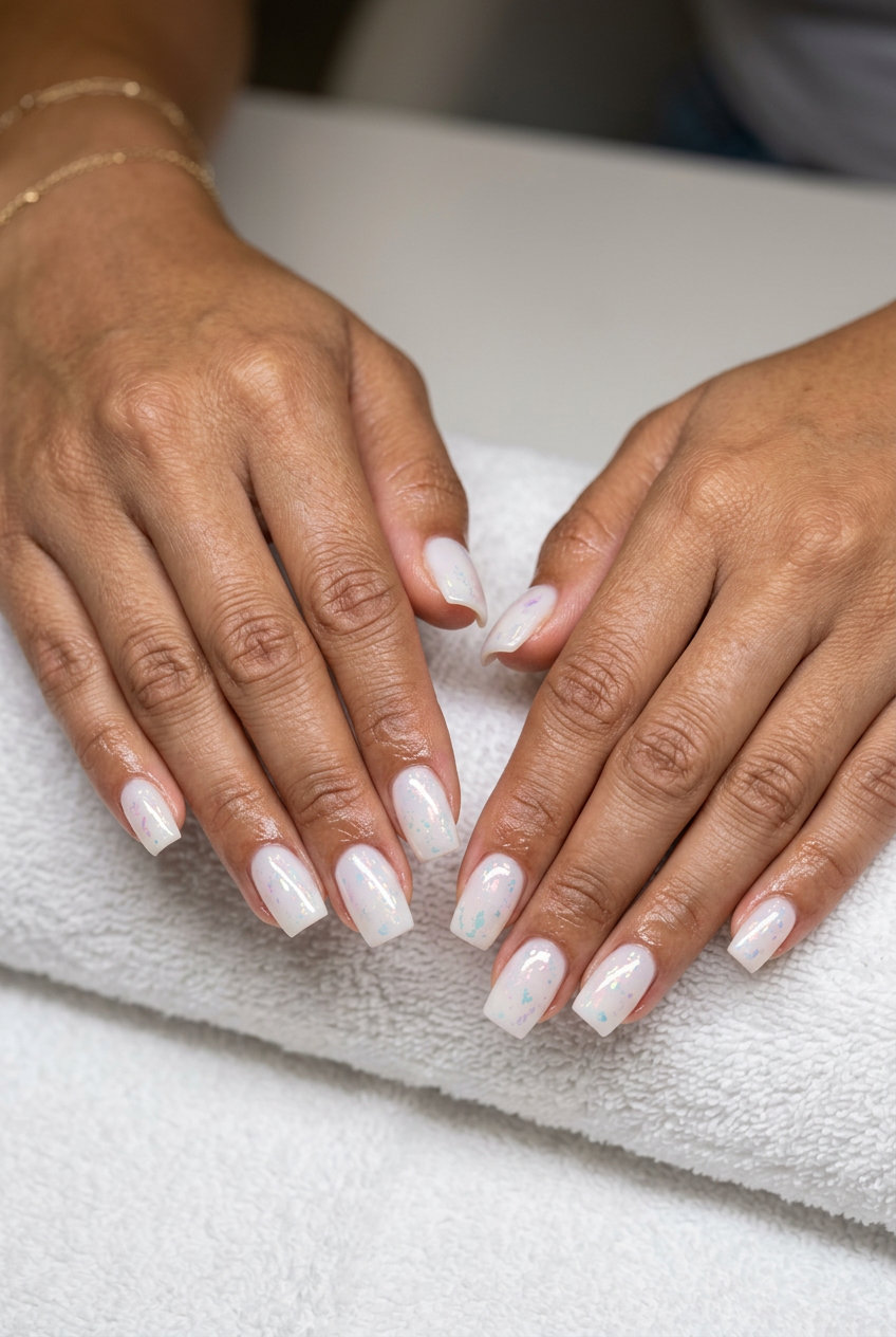 Iridescent foil flake nails in milky white for summer colorful nails designs 2026. Ethereal wedding guest look.