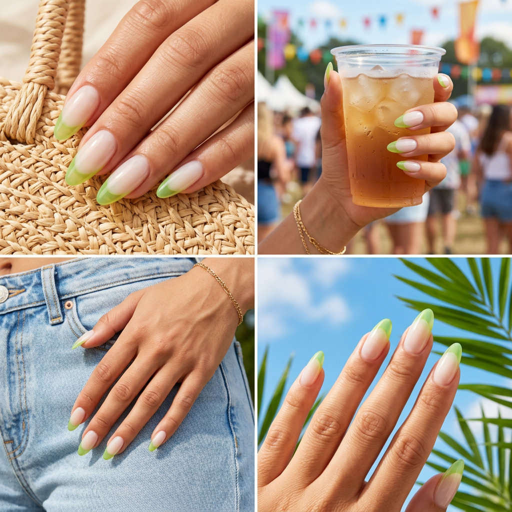 Lime jelly French tips for summer colorful nails designs 2026. Playful vacation look.