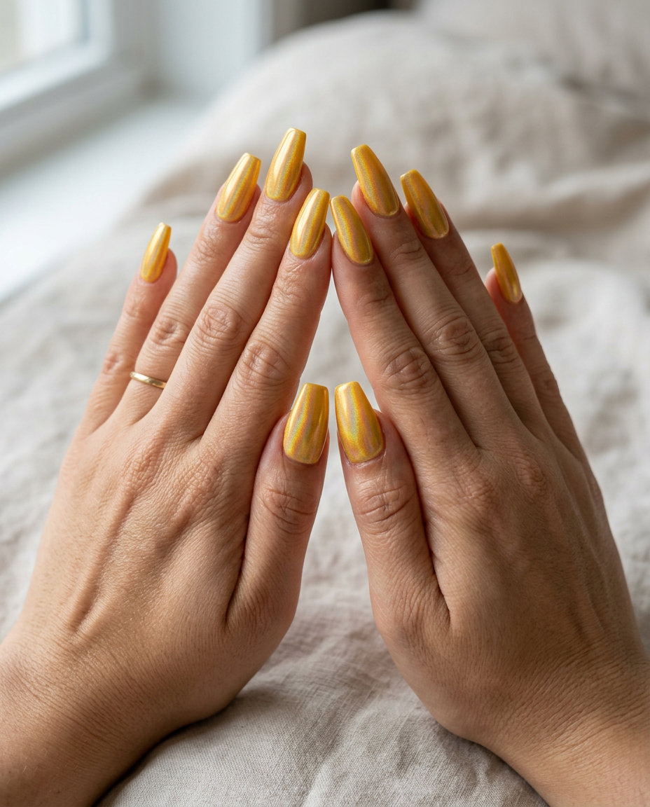 Marigold yellow holographic glaze nails 2026: Glamorous iridescent shift for summer events.