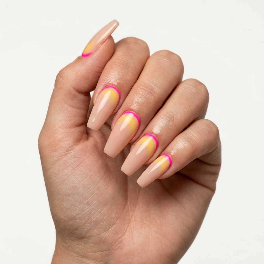 Neon pink reverse French aura nails 2026: Futuristic yellow gradient for festivals & summer parties.