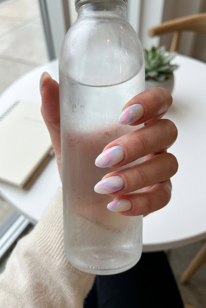 Pastel swirl milky dream nails 2026: Romantic pink, blue, lavender, yellow for weddings & dates.