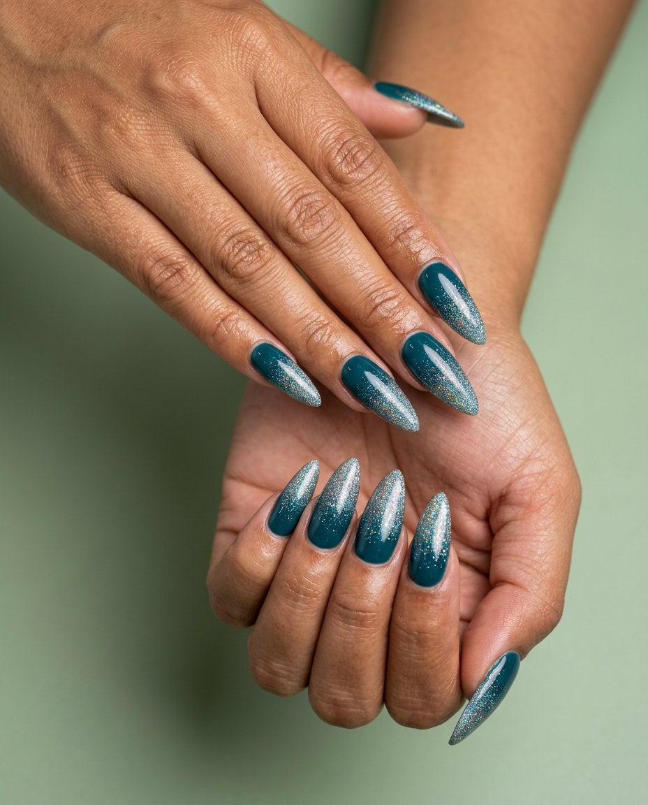 Deep teal glitter gradient nails for summer colorful nails designs 2026. Glamorous formal event style.