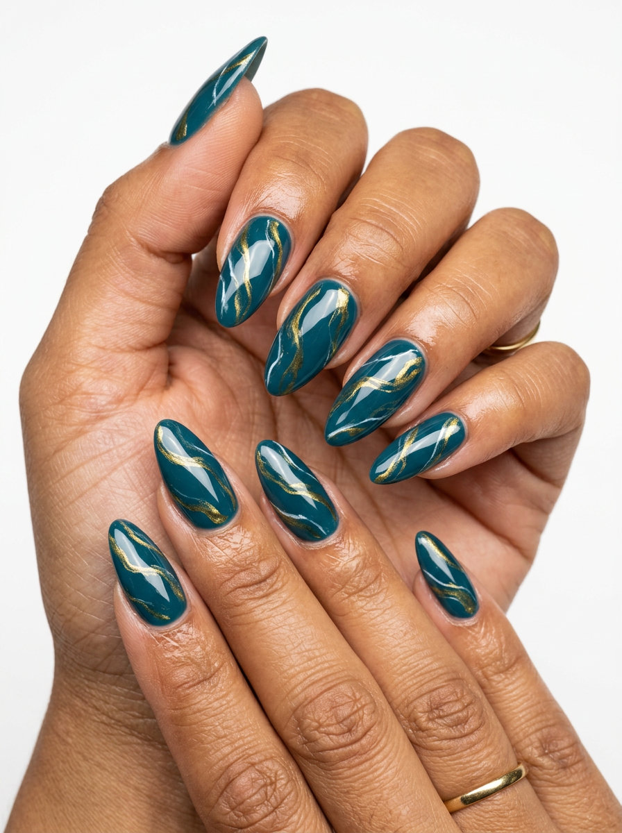 Teal and gold marble swirl nails for summer colorful nails designs 2026. Sophisticated date night look.
