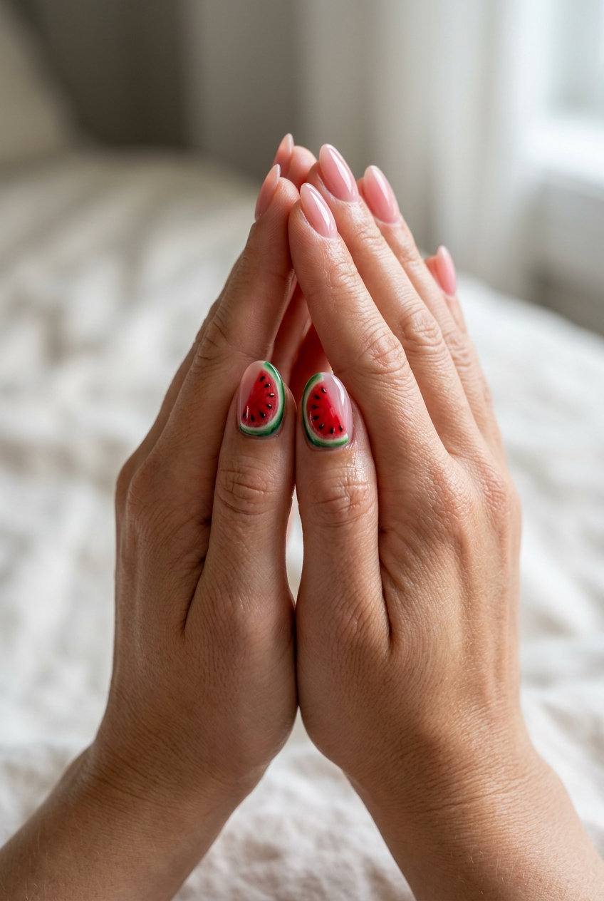 Watermelon Slice Accent Nails for summer colorful nails designs 2026. Fun, whimsical sheer pink with red, green, and black watermelon accents.